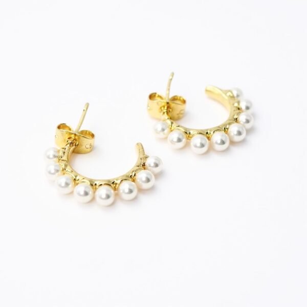 The Mezza Luna earrings capture the serene beauty of the moon in a delicate gold-plated half-hoop design. Adorned with a row of luminous pearls, these earrings are a graceful balance of simplicity and refinement. Their versatile style makes them the perfect choice for both everyday elegance and special occasions.