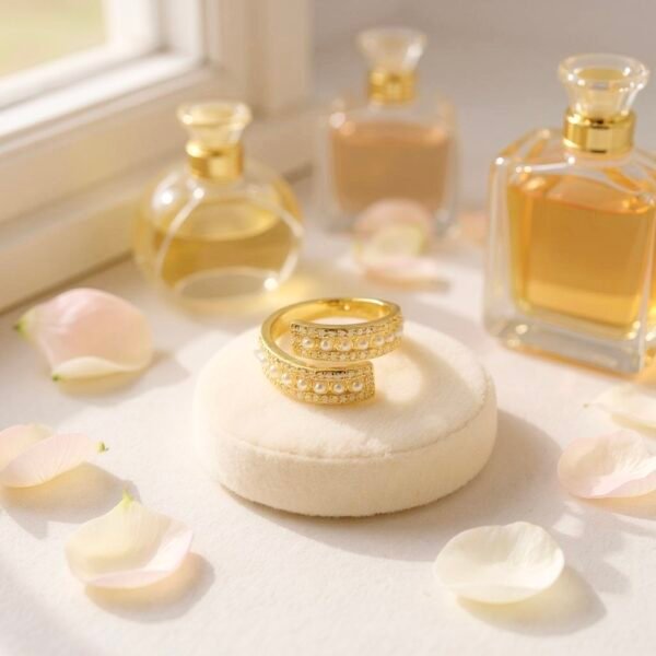 The Aurora Ring radiates refined beauty with its open-band design, delicately adorned with rows of miniature pearls and sparkling stones. Crafted in a gold-plated finish, it captures the soft glow of dawn, symbolizing hope, renewal, and timeless elegance. Its graceful curve allows the pearls to glisten like the first morning light, making it a versatile piece that elevates any look, whether worn solo or paired with your favorite Bella Pia jewels.
