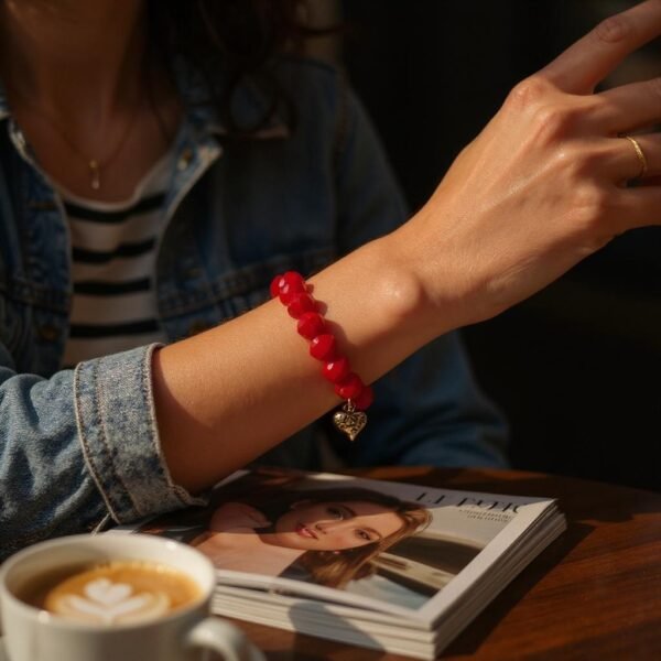 The Angalia Cuore bracelet is handcrafted with luminous red facted crystal beads, finished with a gleaming gold-plated heart charm etched in leopard detail. A radiant symbol of fierce love and fearless style, this bracelet is designed to catch the light and elevate any look. Whether worn solo as a statement piece or stacked for extra drama, Angalia Cuore is elegance with an edge. This bracelet looks beautiful on its own but truly shines when stacked with the classic black beaded bracelet. The bold red and gold heart charm create a striking contrast when paired with black, making it perfect for day-to-night elegance.