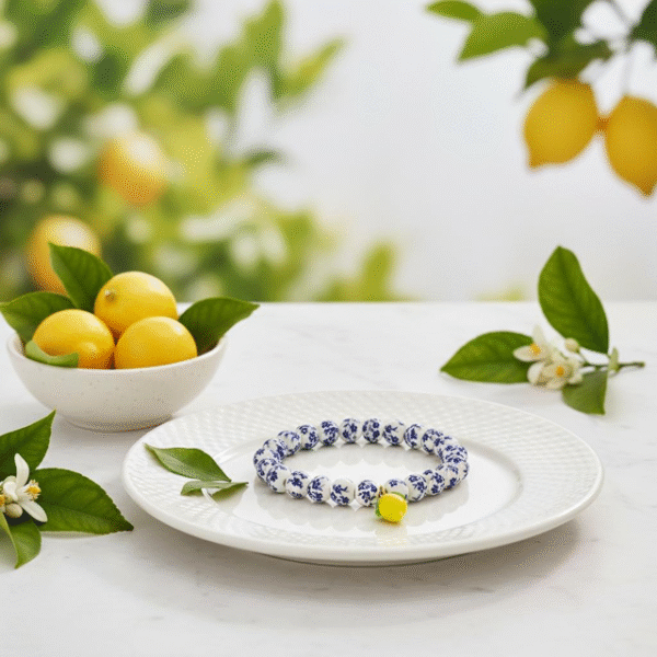 The Limoncello Mini Bracelet is a delicate take on our signature Limoncello design, created for those who love subtle elegance. Featuring smaller blue-and-white floral beads paired with a playful lemon charm, it offers a lighter, refined option while keeping the same joyful Mediterranean spirit. Perfect for everyday wear or stacked alongside the full-sized Limoncello Bracelet, this piece is a refreshing nod to Italian tradition with a modern, breezy charm.