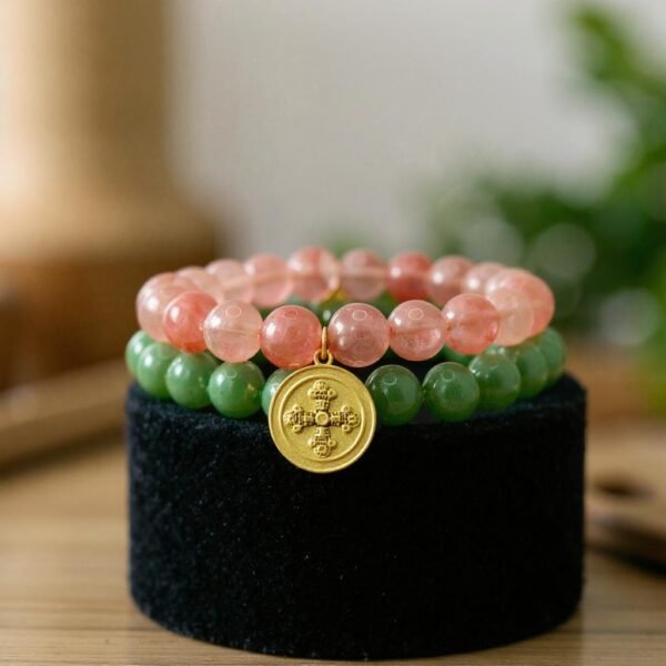 The Benedetta bracelet is crafted with radiant rose jade beads and adorned with a gold-plated medallion of faith. A timeless piece that embodies devotion, protection, and elegance, it brings together Italian heritage and modern refinement. Worn alone or layered, it serves as a reminder of strength and blessing in daily life. It pairs beautifully when stacked with the classic green jade beaded bracelet. The combination creates a fresh, balanced look that symbolizes harmony and renewal.