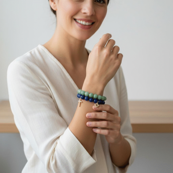 The Fede Blu Bracelet embodies timeless devotion and elegance. Crafted with deep blue polished beads, it symbolizes serenity and strength. Accented with two gold-plated charms—a sparkling pavé cross and a delicate quatrefoil—it represents faith, balance, and divine protection. Whether worn alone or stacked with complementary designs, this bracelet brings a touch of Italian sophistication and spiritual meaning to every moment. Pair the Fede Blu Bracelet with the Verde Classico Bracelet for a bold yet harmonious combination. The deep navy blue beads of Fede Blu reflect wisdom and strength, while the rich green tones of Verde Classico symbolize renewal and prosperity. Together, accented with gold-plated charms of faith and fortune, this stack becomes a powerful expression of balance, protection, and timeless Italian elegance. Wear them stacked for a statement look that transitions seamlessly from day to evening.
