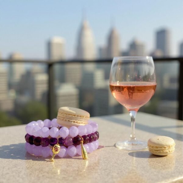Raise a toast to elegance with the Vino Bliss Bracelet. Crafted with rich amethyst stones, this bracelet is adorned with playful gold-plated wine glass and champagne bottle charms — a sparkling nod to life’s joyful moments. Whether worn alone or stacked, it’s a stylish reminder to savor the sweetness of every day. For a chic statement stack it with the lilac crystal faceted bracelet for a layered look that’s both vibrant and celebratory. Together, they capture the perfect blend of sophistication and fun.