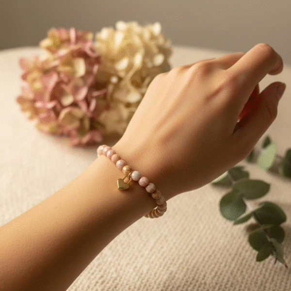 The Amore di Bellezza bracelet is designed as a symbol of devotion and elegance. Crafted with beads natural stone beads—choose from soft rose jade or calming green jade—each piece is accented with a delicate heart-shaped lock charm gold-plated or silver-toned. Sold individually, these bracelets are perfect on their own but even more striking when stacked together, allowing you to mix colors and finishes for a personalized statement of love and beauty.