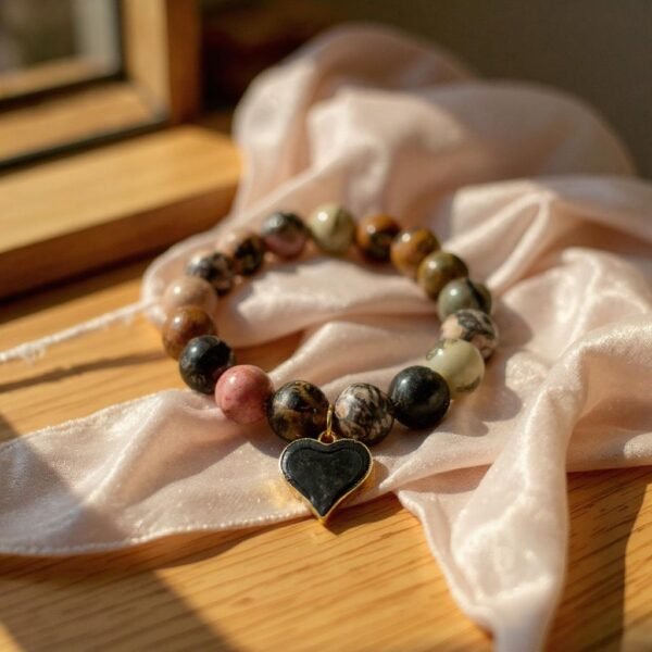 The Cuore di Terra bracelet combines the natural beauty of earthy Rhodonite stones with a striking black heart charm, symbolizing balance, protection, and enduring love. The grounding tones of brown, rose, and black reflect the richness of the earth, while the gold-plated-framed enamel heart adds a touch of modern elegance. Perfect on its own or stacked with crystal accents, this bracelet is a versatile piece that carries both strength and sophistication.