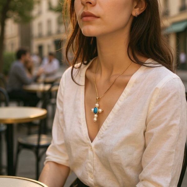 The Marina Necklace is a luminous symbol of faith and devotion. Designed in the shape of a cross, it features radiant pearls delicately balanced with a striking blue cabochon at its center, representing clarity and divine light. The reverse side is graced with a depiction of the Virgin Mary, offering protection and blessing to its wearer. A timeless piece that beautifully bridges tradition and elegance, this necklace is a keepsake meant to inspire strength and serenity.