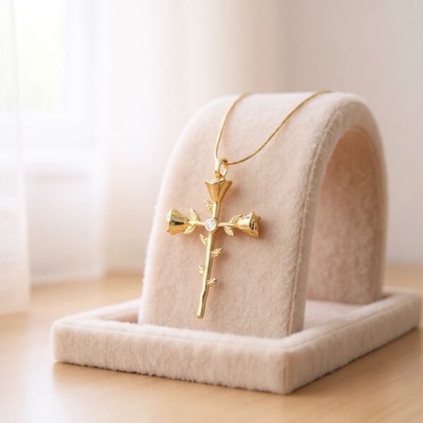 The Rosario Necklace beautifully intertwines devotion and nature’s elegance. Crafted in gold-plated, this pendant forms a cross made of delicate rose blooms, symbolizing love, faith, and eternal beauty. A sparkling center stone adds a touch of brilliance, making it both a meaningful keepsake and a timeless accessory. Perfect for those who want to carry faith and grace close to their heart.