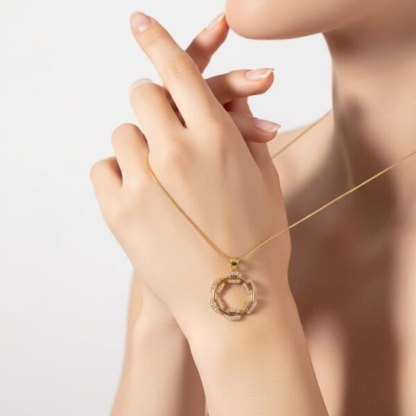 The I Speak Fluent Gucci necklace is a bold expression of style and sophistication. Featuring an open circular pendant crafted from interlinked, pavé crystal-encrusted links, it radiates modern elegance while paying homage to the iconic chain motifs of Italian couture. Suspended from a sleek gold-toned chain, this necklace is designed for those who carry luxury in their language and confidence in their presence. Perfect as a standalone statement or layered with other Bella Pia pieces, it embodies fashion as fluent as your voice.