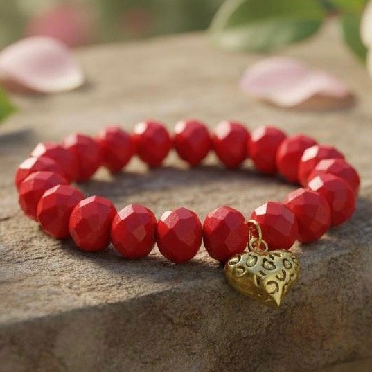 The Angalia Cuore bracelet is handcrafted with luminous red facted crystal beads, finished with a gleaming gold-plated heart charm etched in leopard detail. A radiant symbol of fierce love and fearless style, this bracelet is designed to catch the light and elevate any look. Whether worn solo as a statement piece or stacked for extra drama, Angalia Cuore is elegance with an edge. This bracelet looks beautiful on its own but truly shines when stacked with the classic black beaded bracelet. The bold red and gold heart charm create a striking contrast when paired with black, making it perfect for day-to-night elegance.