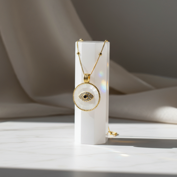 Protection in every glance. The Occhio Rosa and Occhio Bianco necklaces combine timeless tradition with modern elegance. Handcrafted with shimmering mother-of-pearl mosaics in soft blush pink or luminous white, each pendant features a sapphire-blue centerpiece surrounded by sparkling crystals — symbolizing the ancient talisman of the “evil eye.” Set in gold-plated detailing, these pendants are not only radiant accessories but also protective charms, believed to ward off negative energy while elevating any look.