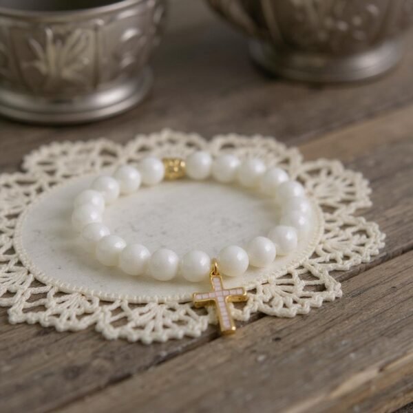 The Rosalina bracelet embodies purity and devotion with timeless elegance. Hand-strung luminous white beads are paired with a gold-plated cross inlaid with radiant pink mother-of-pearl, reflecting light with soft iridescence. A piece that speaks to faith and femininity, it’s as meaningful as it is beautiful. Wear Rosalina alone for a refined statement or stack it with the Luna heart design for a layered expression of love and grace.