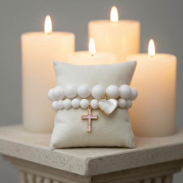 The Rosalina bracelet embodies purity and devotion with timeless elegance. Hand-strung luminous white beads are paired with a gold-plated cross inlaid with radiant pink mother-of-pearl, reflecting light with soft iridescence. A piece that speaks to faith and femininity, it’s as meaningful as it is beautiful. Wear Rosalina alone for a refined statement or stack it with the Luna heart design for a layered expression of love and grace.