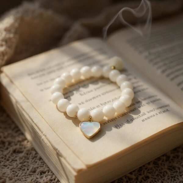 The Luna bracelet captures the serene beauty of the moon with luminous white beads, accented by a heart-shaped mother-of-pearl charm set in gold-plated detail. Symbolizing purity, love, and timeless grace, this piece is a reminder of the gentle light that guides us even in the darkest nights. Perfect on its own or paired with Rosalina for an ethereal, celestial stack.