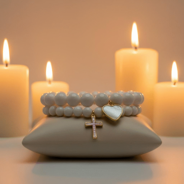 The Luna bracelet captures the serene beauty of the moon with luminous white beads, accented by a heart-shaped mother-of-pearl charm set in gold-plated detail. Symbolizing purity, love, and timeless grace, this piece is a reminder of the gentle light that guides us even in the darkest nights. Perfect on its own or paired with Rosalina for an ethereal, celestial stack.