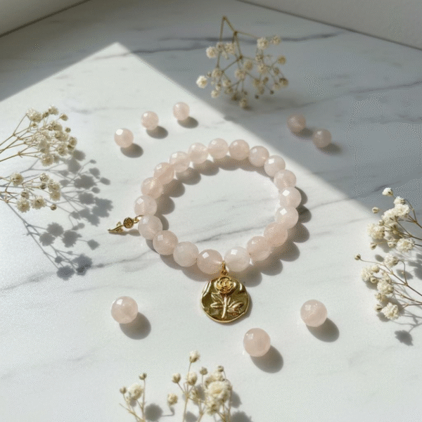 The Rosario a bracelet elevates the timeless elegance of rose quartz with not one, but two golden blooms. A bold gold-plated medallion with an embossed rose anchors the design, while a smaller, delicate rose charm rests gently off to the side. Together, they symbolize layered beauty, resilience, and love that grows in every direction. This thoughtful detail makes Rosario a statement of grace and femininity—perfect on its own or stacked with other Bella Pia favorites.