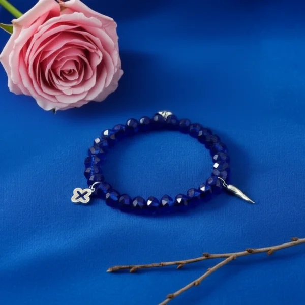 Bold yet refined, the Christina Blu bracelet is where high fashion meets inner strength. A sleek silver cross glistens beneath a halo of sapphire-blue crystals, creating a statement piece that embodies confidence and elegance. Designed for the modern woman who commands the boardroom, the dance floor, and everything in between, this bracelet transitions effortlessly from gym chic to nightlife glamour. Wear it as your signature accessory — a fashion-forward emblem of resilience, devotion, and style.