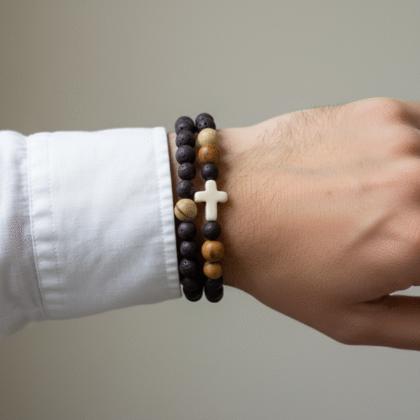 The Fede Forte Duo is a powerful two-piece men's bracelet set designed for the man who walks with faith and purpose. Handcrafted using natural brown lava stone, known for strength and grounding, and earth-toned olive wood beads that symbolize peace and resilience, this set carries meaning in every detail. At the heart of the design is a white howlite cross, a bold reminder of unwavering devotion and inner peace. Wear these bracelets together for a strong stacked look or separately for subtle everyday faith. Whether for prayer, reflection, or personal style, the Fede Forte Duo is a meaningful accessory for the modern believer.