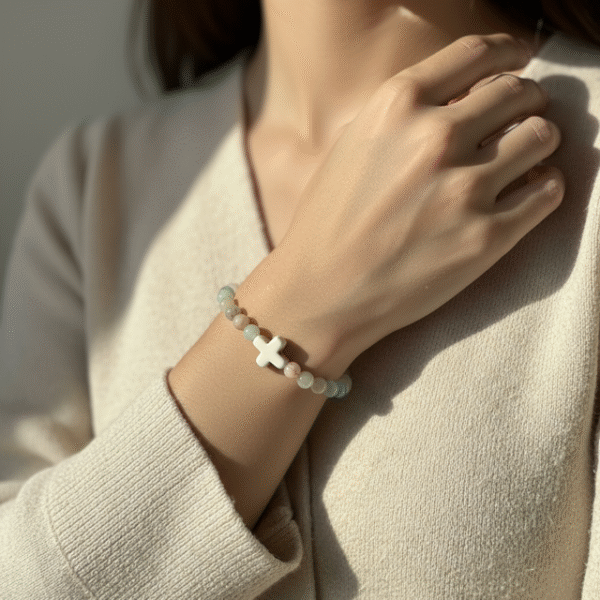The Verde Serenità Bracelet is a calming symbol of faith and balance, handcrafted with soothing natural Amazonite stones. Known for their connection to emotional peace and inner harmony, these serene blue-green stones are beautifully paired with a white stone cross centerpiece—representing faith, guidance, and spiritual strength. Designed for both men and women, this bracelet embraces a minimalist earthy style that blends easily with everyday wear while holding a deeper meaning close to the heart. Whether worn alone or layered, it serves as a daily reminder of hope, purpose, and spiritual grounding.