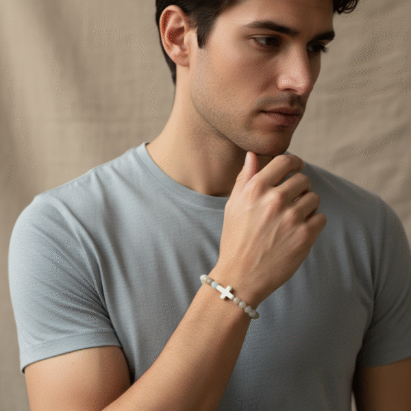 The Verde Serenità Bracelet is a calming symbol of faith and balance, handcrafted with soothing natural Amazonite stones. Known for their connection to emotional peace and inner harmony, these serene blue-green stones are beautifully paired with a white stone cross centerpiece—representing faith, guidance, and spiritual strength. Designed for both men and women, this bracelet embraces a minimalist earthy style that blends easily with everyday wear while holding a deeper meaning close to the heart. Whether worn alone or layered, it serves as a daily reminder of hope, purpose, and spiritual grounding.