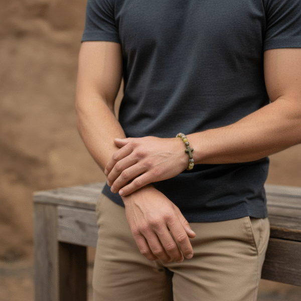 The Verde Pietà bracelet is rugged yet meaningful, designed for the man who carries strength and purpose in everything he does. Handcrafted with natural green jasper stone beads, this bracelet embodies grounding energy, courage, and resilience. At its center lies a matte green cross stone, a bold symbol of faith, balance, and protection. Each bead reflects earthy character—from forest tones to deep olive greens—making this bracelet effortlessly wearable for everyday style or layered with your favorite accessories. Built on a durable stretch cord for comfort and a custom fit, Verde Pietà is a tribute to quiet strength, inner peace, and unwavering beliefs.
