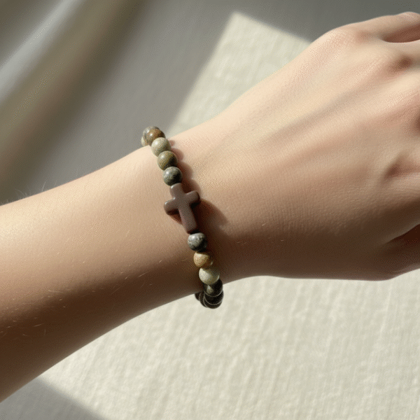 Inspired by the quiet strength of nature, the Terra Fide Bracelet blends earthy tones with spiritual meaning. Handcrafted with natural African Turquoise Jasper—known as the “Stone of Evolution”—this bracelet encourages positive transformation, balance, and inner growth. At its center rests a matte stone cross, symbolizing unshakable faith and guidance through life’s journey. Designed for both men and women, Terra Fide is a minimalist piece with major purpose. Whether worn alone for a refined everyday look or stacked with other bracelets, it’s a powerful reminder to stay grounded in faith and walk with purpose.