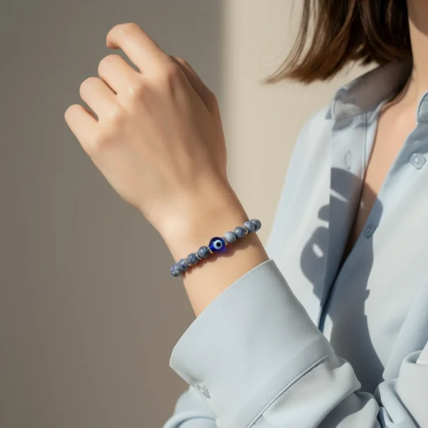 Discover effortless protection with the Azzuro Guard Bracelet—a modern take on ancient symbolism. Handcrafted with deep sapphire-blue sodalite stones, this bracelet represents clarity, intuition, and emotional balance. At its heart is the striking blue evil eye bead, a timeless symbol believed to shield against negativity and invite peace and good fortune. Versatile and powerful, this unisex bracelet transitions seamlessly from casual weekends to everyday wear. Whether worn alone or stacked, it’s a bold reminder to move through life with confidence and purpose.