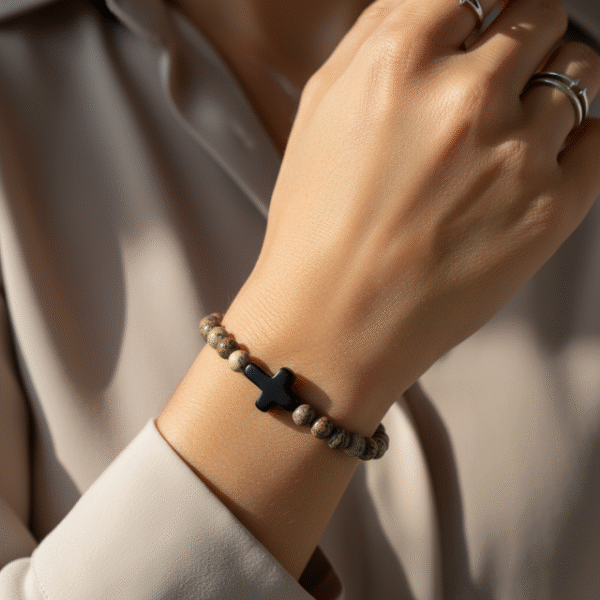 The Croce di Terra Bracelet is crafted with natural Jasper stone beads, celebrated for their earthy tones and grounding energy. At its heart lies a bold matte black cross—an emblem of strength, hope, and devotion. Whether worn as a symbol of faith or style, this bracelet carries quiet confidence and timeless character. Handmade with care and designed for everyday wear, Croce di Terra brings together modern minimalism and rugged authenticity. Perfect on its own or stacked, it’s a meaningful accessory for those who stay true to their path.