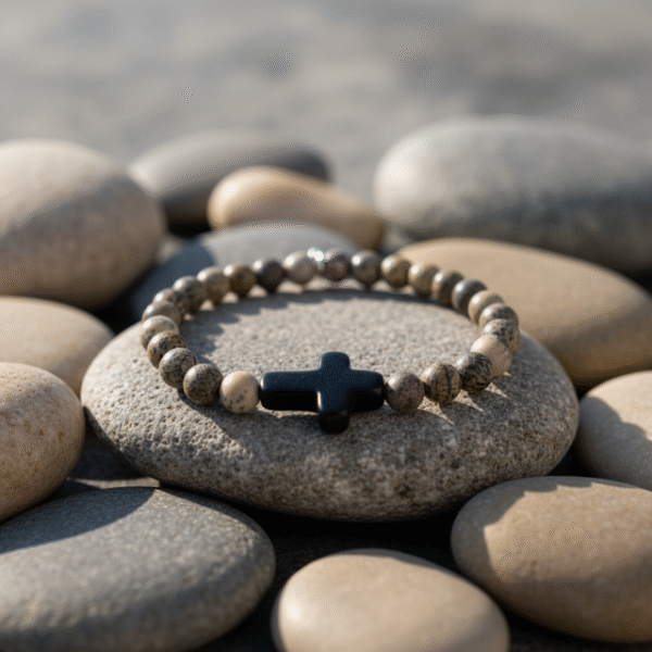 The Croce di Terra Bracelet is crafted with natural Jasper stone beads, celebrated for their earthy tones and grounding energy. At its heart lies a bold matte black cross—an emblem of strength, hope, and devotion. Whether worn as a symbol of faith or style, this bracelet carries quiet confidence and timeless character. Handmade with care and designed for everyday wear, Croce di Terra brings together modern minimalism and rugged authenticity. Perfect on its own or stacked, it’s a meaningful accessory for those who stay true to their path.