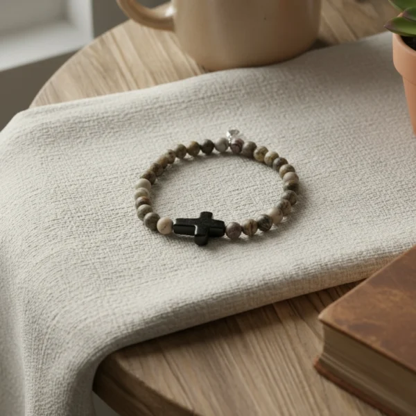 The Croce di Terra Bracelet is crafted with natural Jasper stone beads, celebrated for their earthy tones and grounding energy. At its heart lies a bold matte black cross—an emblem of strength, hope, and devotion. Whether worn as a symbol of faith or style, this bracelet carries quiet confidence and timeless character. Handmade with care and designed for everyday wear, Croce di Terra brings together modern minimalism and rugged authenticity. Perfect on its own or stacked, it’s a meaningful accessory for those who stay true to their path.