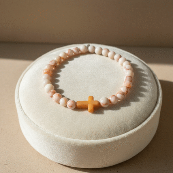 Inspired by the warm tones of sunlit desert sands, the Croce Sabbiosa Bracelet blends natural beauty with meaningful design. Featuring smooth cream-and-sand gemstone beads paired with a caramel-hued cross centerpiece, this bracelet brings a grounded, peaceful energy to everyday wear. Handcrafted with care, it’s a subtle yet powerful expression of faith, purpose, and style. The neutral palette makes it effortlessly versatile—perfect for both men and women who appreciate understated elegance with spiritual depth.