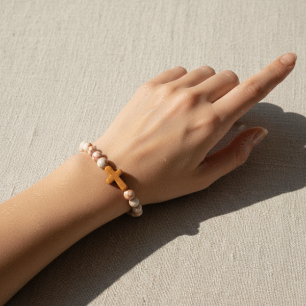 Inspired by the warm tones of sunlit desert sands, the Croce Sabbiosa Bracelet blends natural beauty with meaningful design. Featuring smooth cream-and-sand gemstone beads paired with a caramel-hued cross centerpiece, this bracelet brings a grounded, peaceful energy to everyday wear. Handcrafted with care, it’s a subtle yet powerful expression of faith, purpose, and style. The neutral palette makes it effortlessly versatile—perfect for both men and women who appreciate understated elegance with spiritual depth.