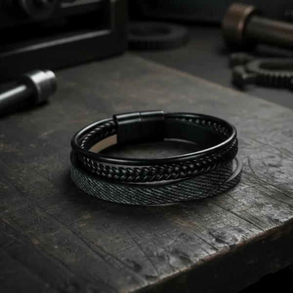 Discover rugged refinement with the Nero Forge men’s bracelet — a bold fusion of power and style. Crafted with layered black genuine leather, including a braided centerpiece band, this bracelet brings together modern industrial design and masculine energy. The secure magnetic clasp ensures a strong fit while offering effortless wear. Perfect for daily styling or evening edge, Nero Forge is designed for the man who makes his mark without saying a word.
