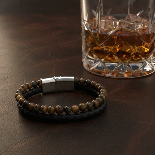 Embrace rugged sophistication with the Savanna Forge bracelet—a bold fusion of natural power and urban edge. Featuring polished Tiger’s Eye stone beads paired with a hand-braided black leather band, this bracelet radiates grounding energy and masculine style. Tiger’s Eye is known for confidence and protection, making this the perfect piece for men who move with purpose. Finished with a sleek stainless steel magnetic clasp for secure all-day wear, it’s the ideal accessory for work, a night out, or weekend adventure.