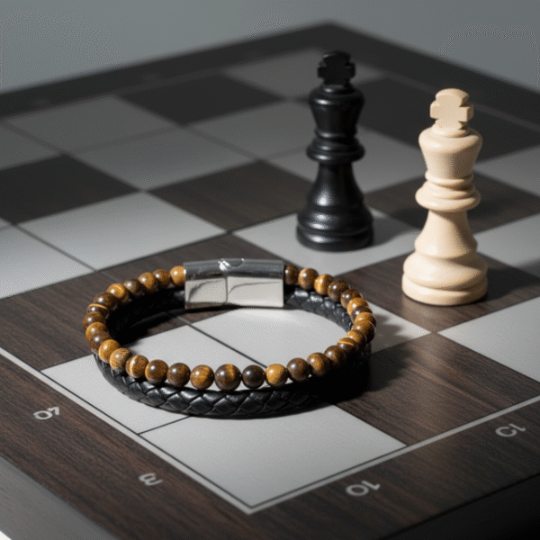 Embrace rugged sophistication with the Savanna Forge bracelet—a bold fusion of natural power and urban edge. Featuring polished Tiger’s Eye stone beads paired with a hand-braided black leather band, this bracelet radiates grounding energy and masculine style. Tiger’s Eye is known for confidence and protection, making this the perfect piece for men who move with purpose. Finished with a sleek stainless steel magnetic clasp for secure all-day wear, it’s the ideal accessory for work, a night out, or weekend adventure.