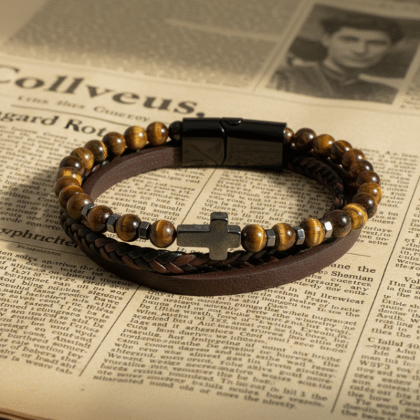 Grounded in character and built for purpose, the Terra Forte Bracelet blends rugged masculinity with timeless meaning. Crafted with genuine tiger’s eye beads, braided leather, and a dark hematite cross centerpiece, this multi-layer bracelet embodies resilience and conviction. Tiger’s eye is known as a stone of courage and focus, while the cross symbolizes inner faith and purpose. Designed for the modern man—confident, bold, and unwavering. Perfect for everyday wear, office style, or meaningful gifting.