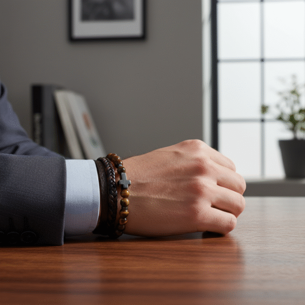 Grounded in character and built for purpose, the Terra Forte Bracelet blends rugged masculinity with timeless meaning. Crafted with genuine tiger’s eye beads, braided leather, and a dark hematite cross centerpiece, this multi-layer bracelet embodies resilience and conviction. Tiger’s eye is known as a stone of courage and focus, while the cross symbolizes inner faith and purpose. Designed for the modern man—confident, bold, and unwavering. Perfect for everyday wear, office style, or meaningful gifting.