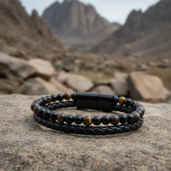 Discover Sabbia Nera, a rugged yet refined men's bracelet crafted for those who walk with purpose. Featuring natural matte stone beads paired with hand-braided genuine leather, this layered design embodies resilience and grounded strength. The sleek magnetic stainless steel clasp ensures durability and easy wear, making it a bold companion from the mountains to the city streets. Whether worn alone or stacked, Sabbia Nera reflects timeless style rooted in authenticity.