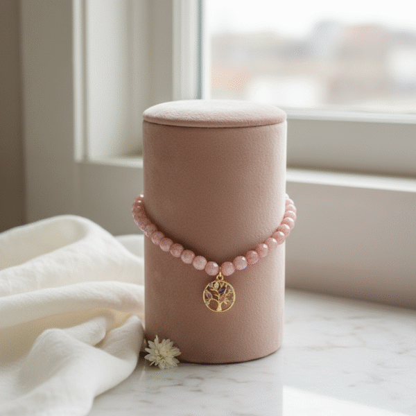 Handcrafted with genuine natural Rose Quartz gemstones and finished with a gold-plated Tree of Life charm, Fior di Sogni is a bracelet that celebrates love, healing, and inner peace. Known as the stone of unconditional love, Rose Quartz radiates calming energy and emotional harmony, while the Tree of Life symbolizes strength, growth, and connection. A meaningful piece of jewelry designed to empower the heart and elevate your style with a soft, romantic glow. Perfect for gifting—or cherishing for yourself.