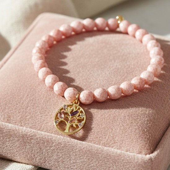 Handcrafted with genuine natural Rose Quartz gemstones and finished with a gold-plated Tree of Life charm, Fior di Sogni is a bracelet that celebrates love, healing, and inner peace. Known as the stone of unconditional love, Rose Quartz radiates calming energy and emotional harmony, while the Tree of Life symbolizes strength, growth, and connection. A meaningful piece of jewelry designed to empower the heart and elevate your style with a soft, romantic glow. Perfect for gifting—or cherishing for yourself.