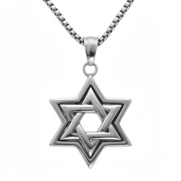 "Stella di Fede" Strength. Faith. Protection. The Stella di Fede Necklace, featuring a beautifully crafted stainless steel Star of David pendant paired with a 24" round box chain. Designed in a sleek interwoven style, this symbol of heritage, identity, and spiritual protection carries meaning in every angle. The pendant and chain are made from premium stainless steel, offering a bold shine that is water-resistant, tarnish-proof, and hypoallergenic — perfect for daily wear. Whether worn as a personal symbol or gifted with intention, this piece blends strength, elegance, and timeless significance.