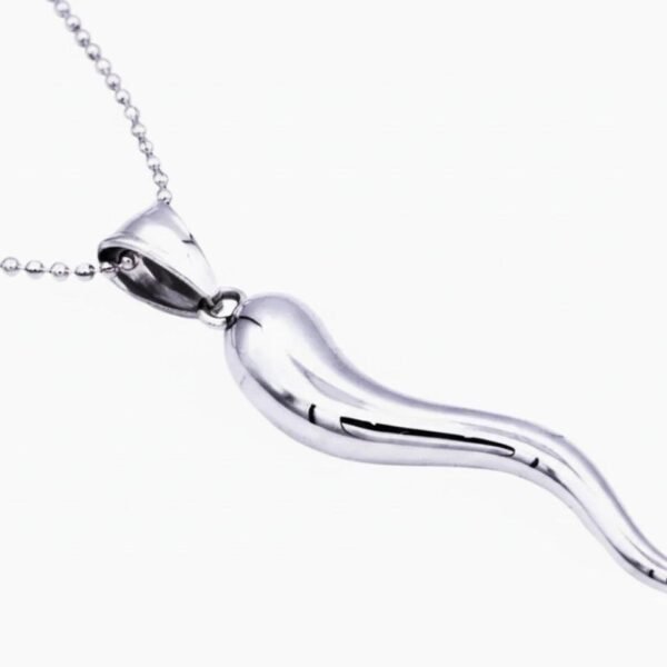 "Corno Italiano d'Argento" Wear your fortune. Shine with meaning. Inspired by centuries of Italian tradition, the Corno Italiano d’Argento is believed to ward off negativity and invite good fortune. This beautifully polished stainless steel horn pendant offers a clean, modern silhouette while honoring the charm’s powerful cultural meaning. Suspended from a 24-inch stainless steel curb chain, it’s built to shine, resist tarnish, and complement any style—making it an everyday piece of protection and confidence. Perfect as a thoughtful gift or a personal symbol of strength, luck, and Italian heritage.