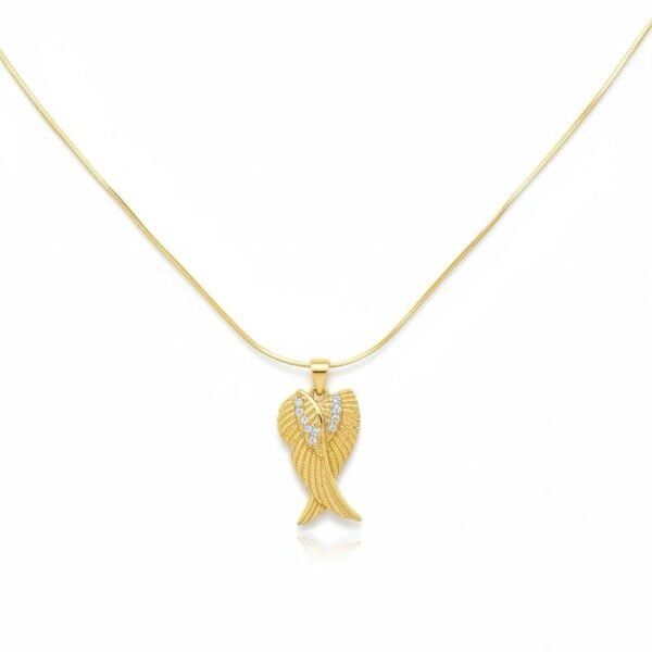 “Ali di Grazia” A symbol of protection, guidance, and divine grace. The Ali di Grazia Necklace is a graceful expression of faith, comfort, and spiritual elegance. Crafted in radiant gold plating, this beautifully detailed angel wings pendant symbolizes protection, guidance, and the quiet presence of divine grace. Softly sculpted wings are accented with delicate pavé crystals that catch the light with subtle brilliance, adding a refined touch of sparkle to this meaningful design. Elegant and timeless, the pendant rests gently along the neckline, making it perfect for everyday wear or special moments. Designed to be worn close to the heart, Ali di Grazia serves as a comforting reminder that you are always guided, protected, and surrounded by grace. A thoughtful gift or personal keepsake, it is a timeless symbol of faith, love, and light.