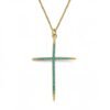 "Fede Turchese" Strength in faith, brilliance in turquoise. The Fede Turchese Necklace is a timeless emblem of devotion and inner calm. Crafted in a slender gold-plated frame, this elegant cross is adorned with luminous turchese (turquoise) stones, long associated with peace, clarity, and spiritual protection. Each stone is thoughtfully set to enhance the refined silhouette, allowing soft color and light to shine through. The serene turquoise hue brings balance and confidence, while the clean lines of the cross offer a modern yet reverent expression of faith. Perfect for everyday wear or as a meaningful gift, the Fede Turchese Necklace is a beautiful reminder that faith can be both powerful and quietly radiant.